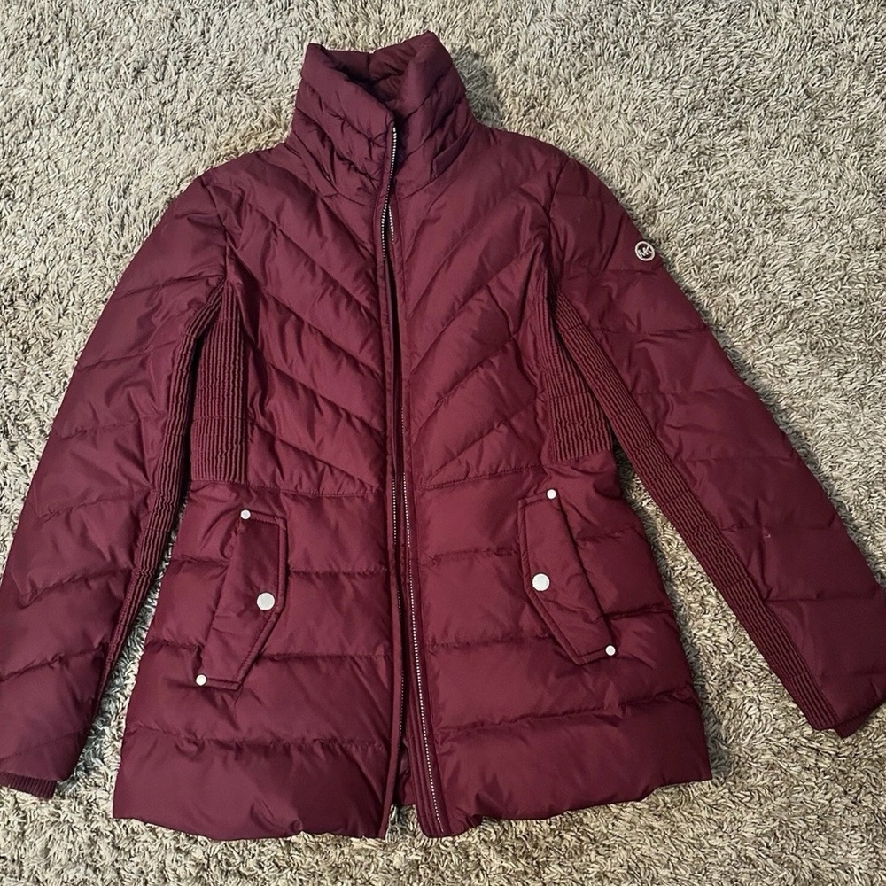 Michael Kors Puffer Jacket Women's Small Maroon Packable Down Fill Stretch Zip